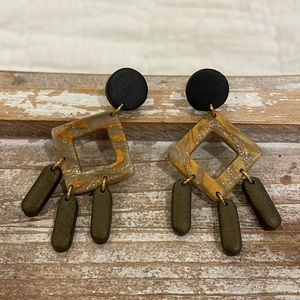 Acrylic Metallic Orange Swirl Dark Green Dangle Drop Statement Earrings